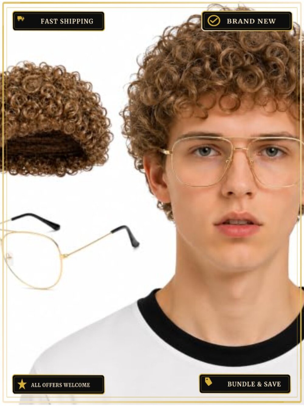 Brown Curly Wig and Glasses Set for Costume Cosplay Party